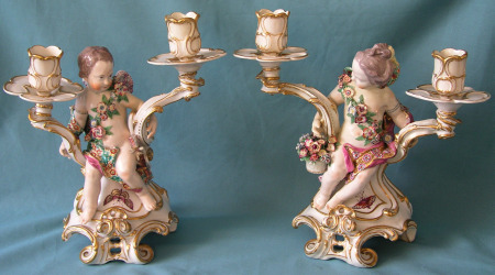 A Pair of Chelsea Porcelain Figural Candelabra c.1765